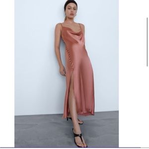 Zara Satin Cowl Neck Slip Dress with Buttons Slit Sexy Wedding Guest S Small